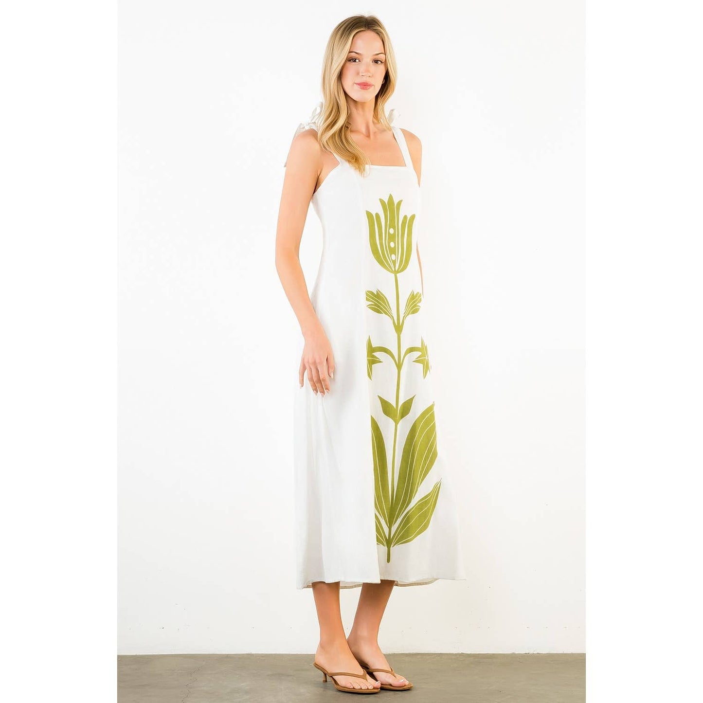 Tie Strap Square Neck Print Midi Dress