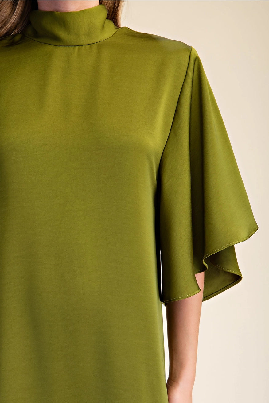 Flowy Satin Tie Back Midi Dress - Olive