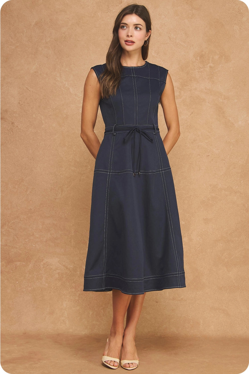 Navy slvls Midi Dress w/Belt