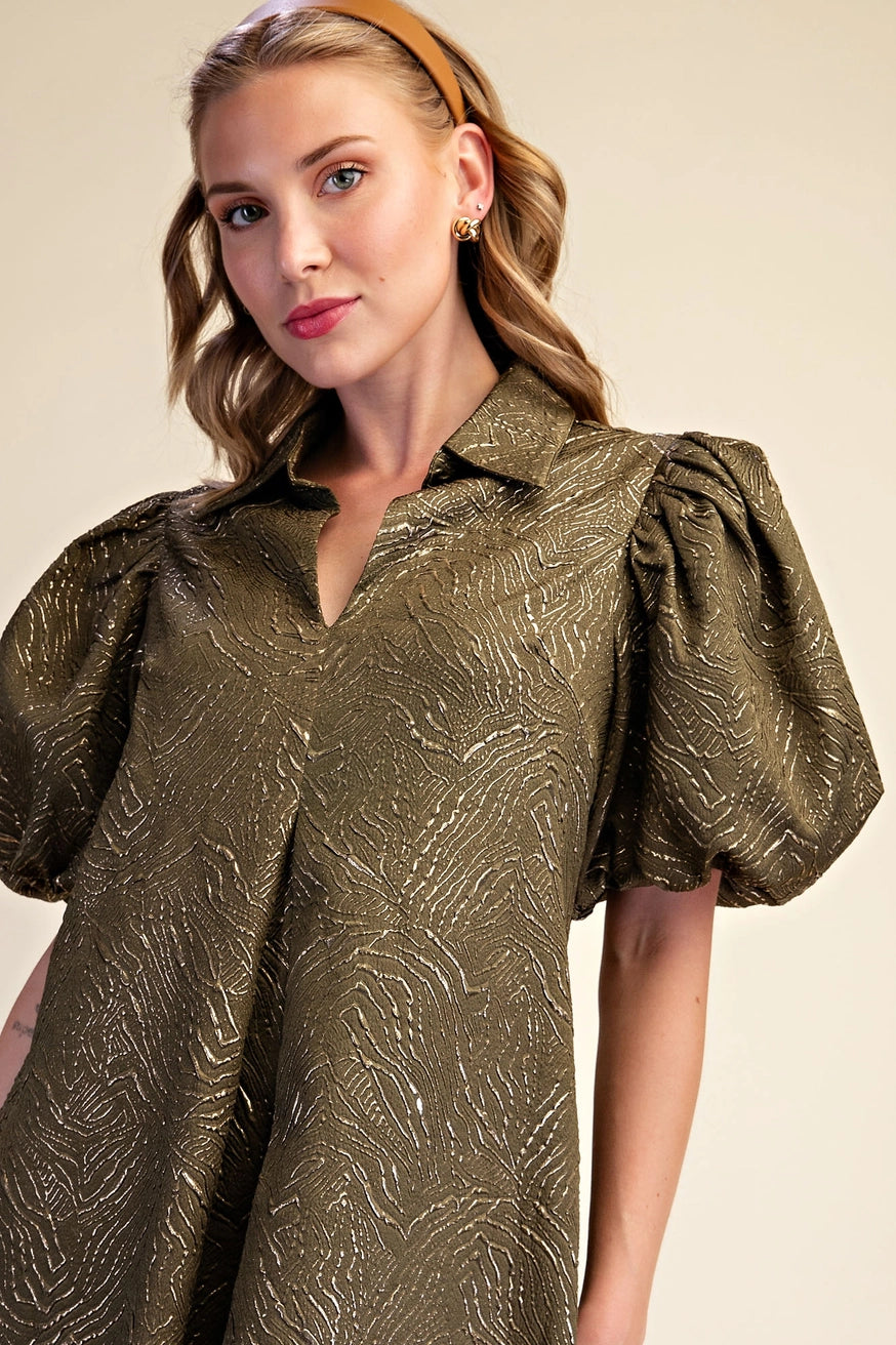 Puff Sleeve Pleated Lurex Midi Dress - Olive