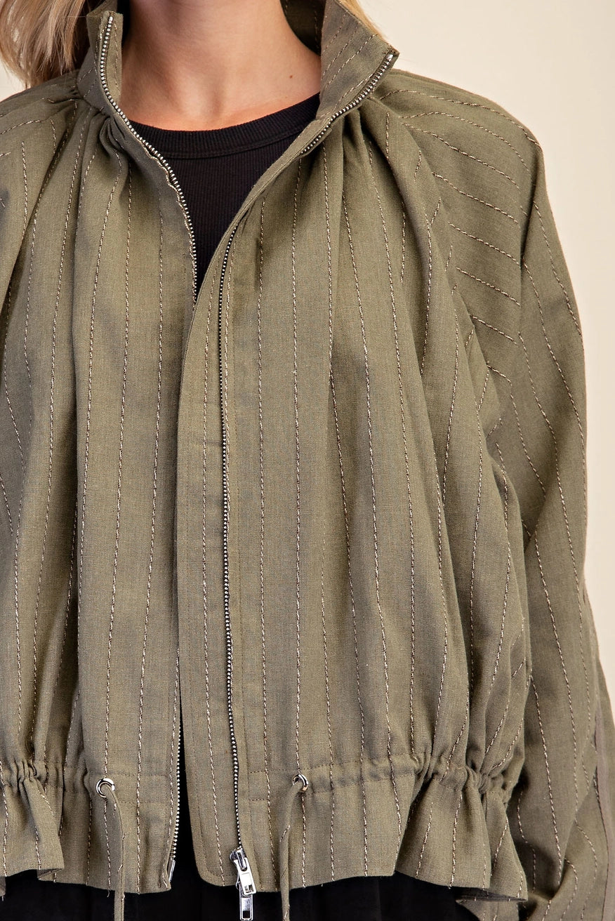 Double Zipper Funnel Neck Jacket - Olive