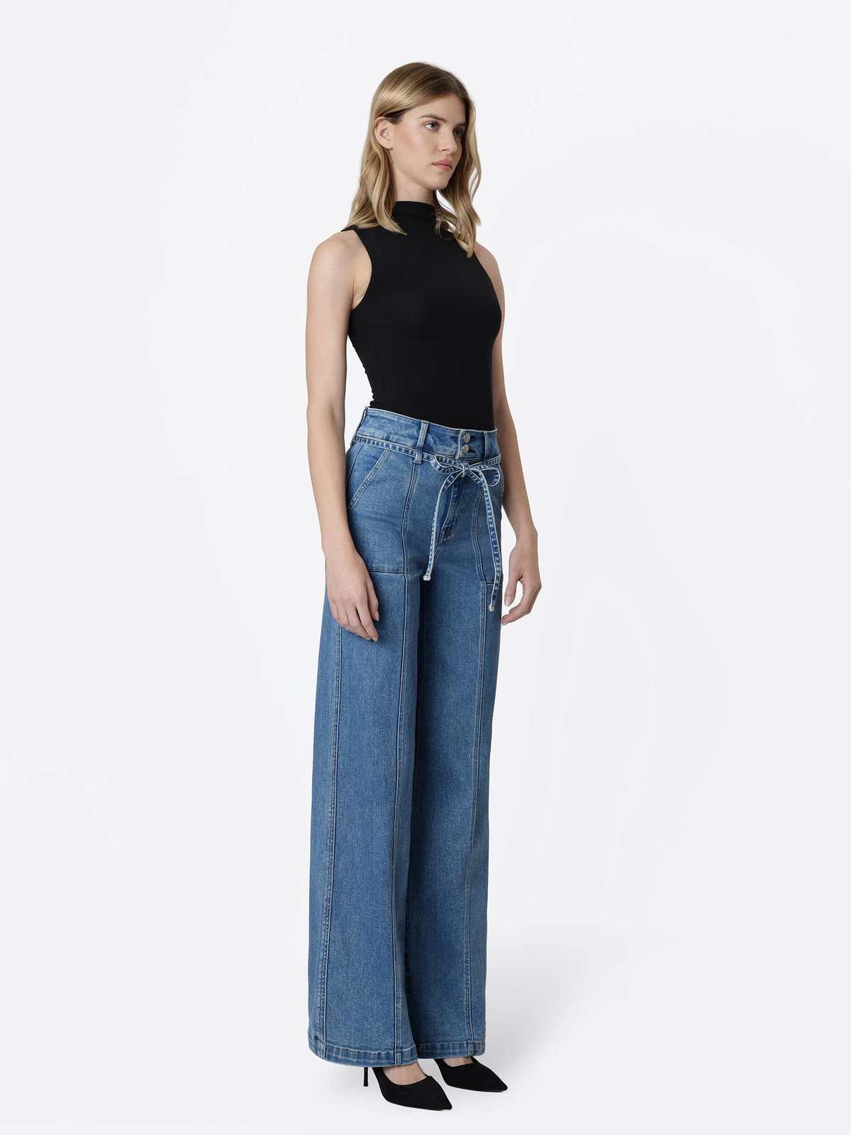 Super High Rise Tie Waist Band Wide Leg Jeans
