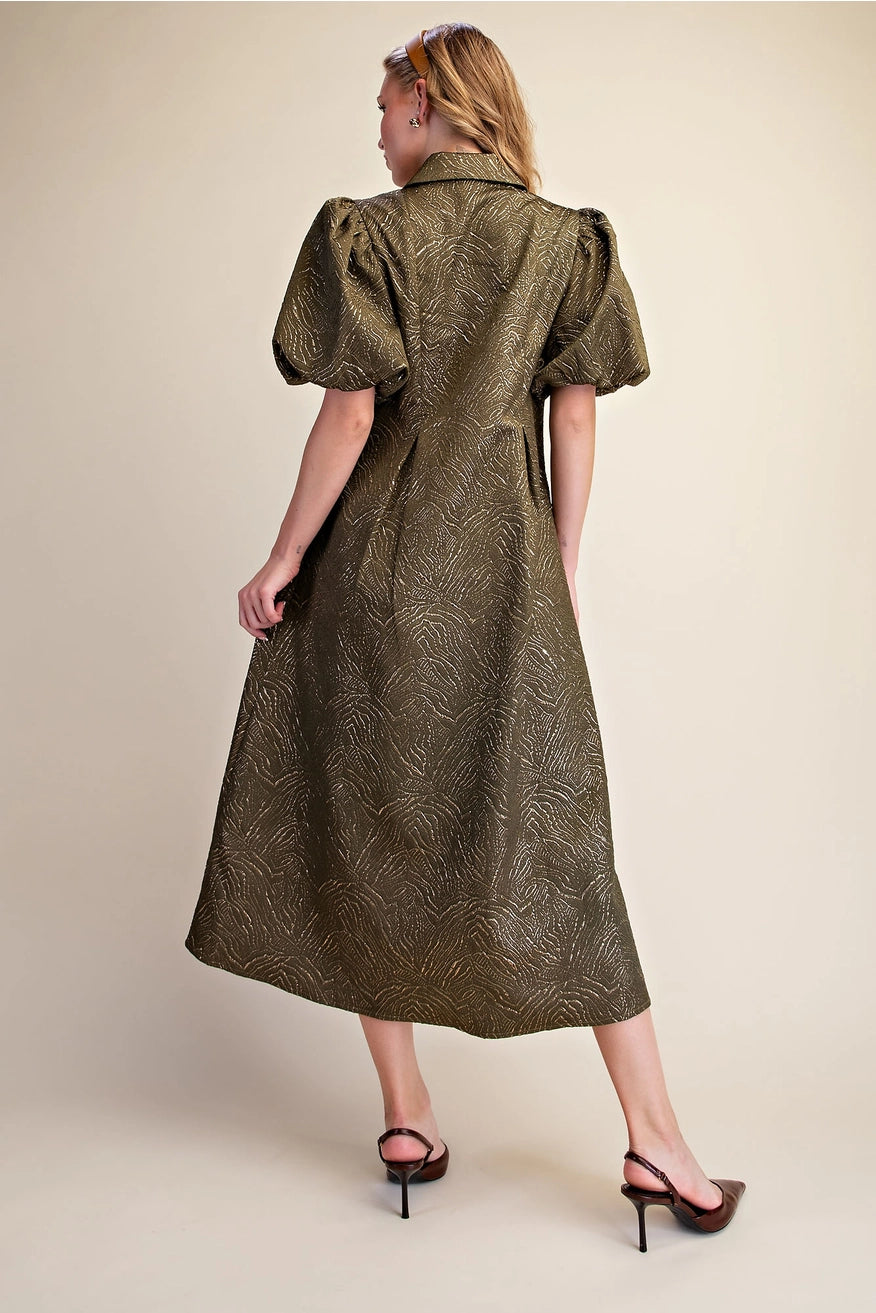 Puff Sleeve Pleated Lurex Midi Dress - Olive