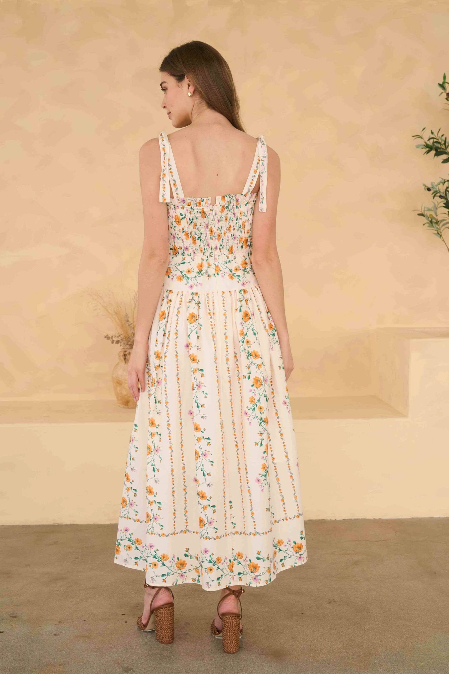 Floral Garland Tie Strap Pleated Midi Dress