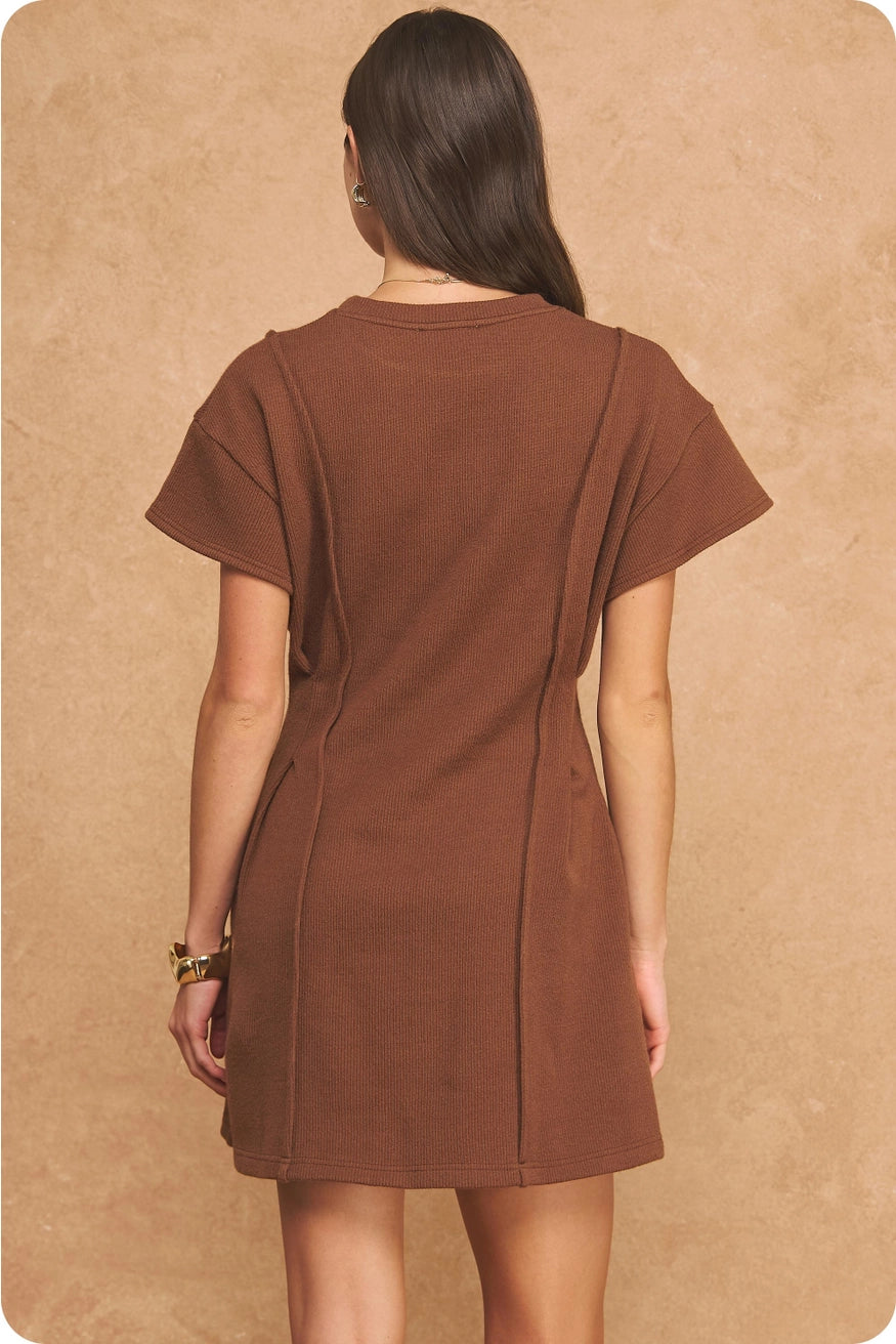 Ribbed Knit Pintuck Mini Dress - Chocolate