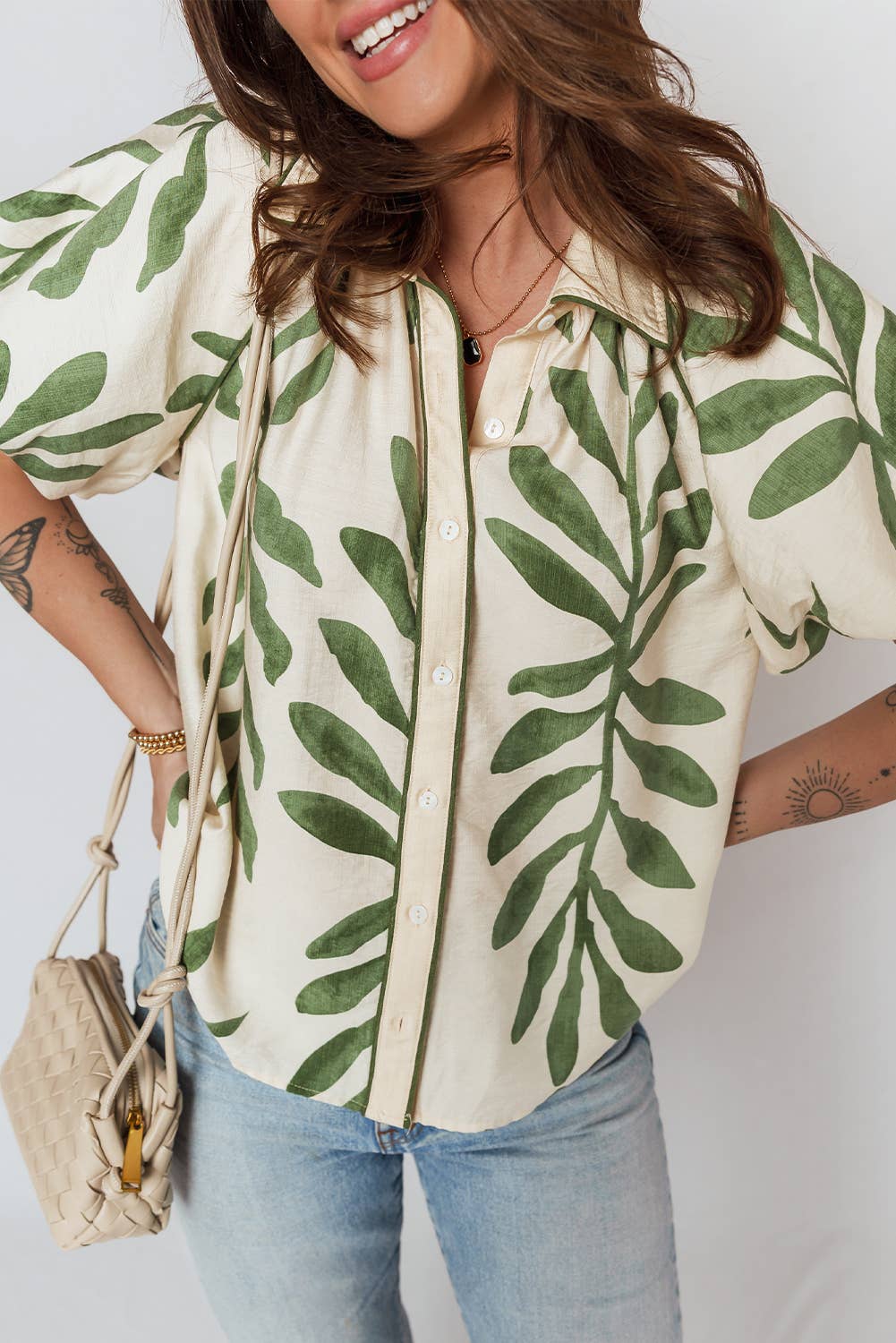 Green Leaf Print Short Sleeve Shirt