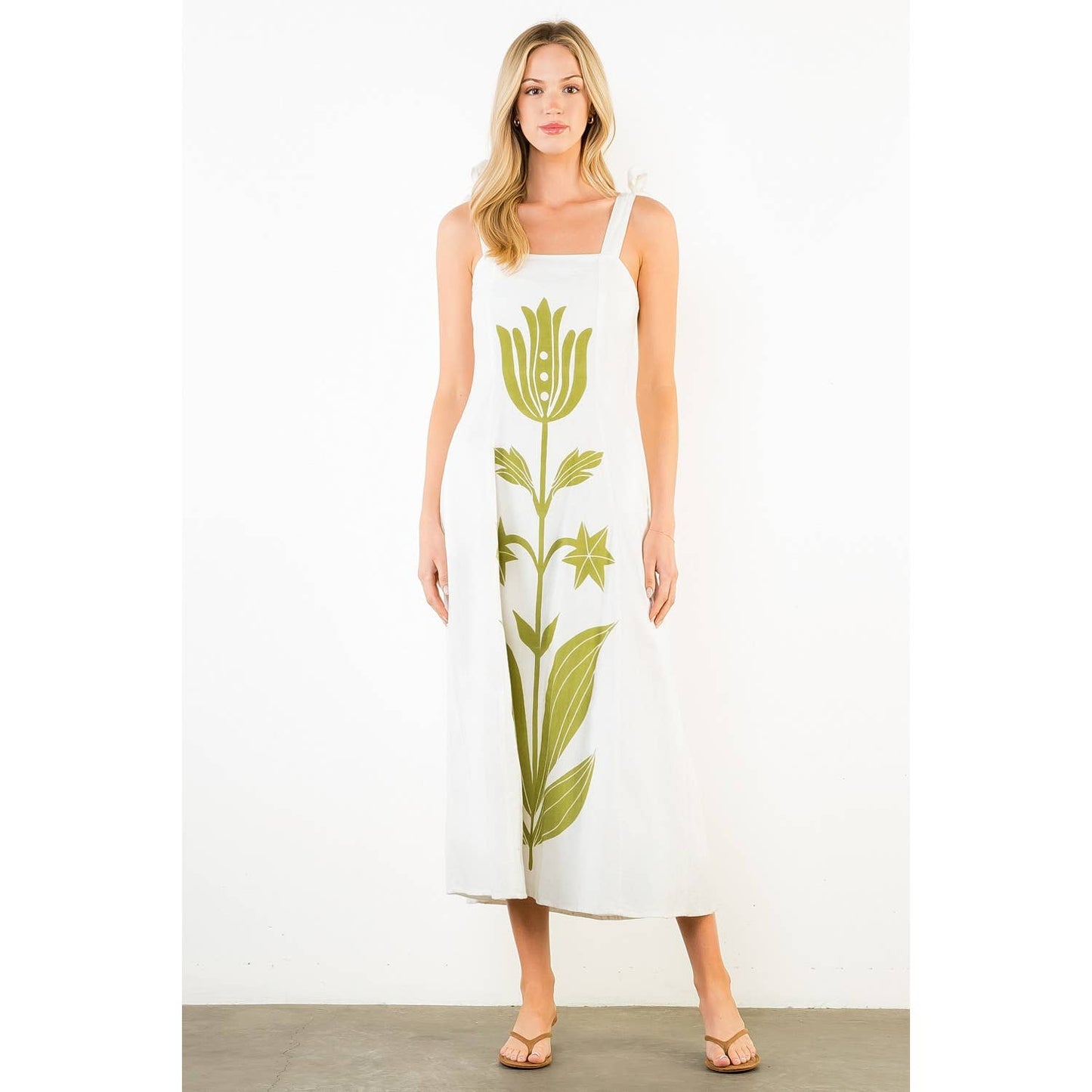 Tie Strap Square Neck Print Midi Dress