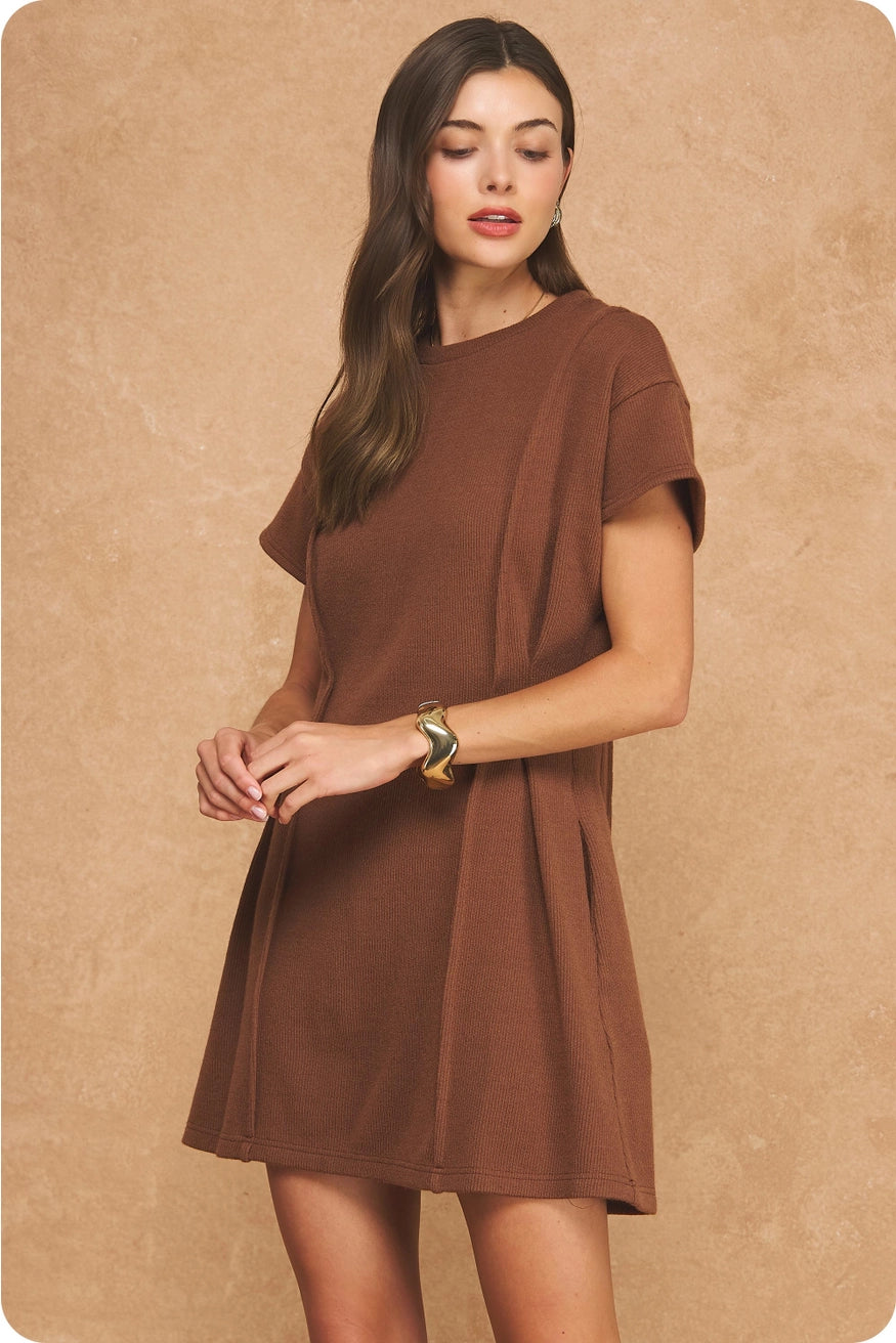 Ribbed Knit Pintuck Mini Dress - Chocolate