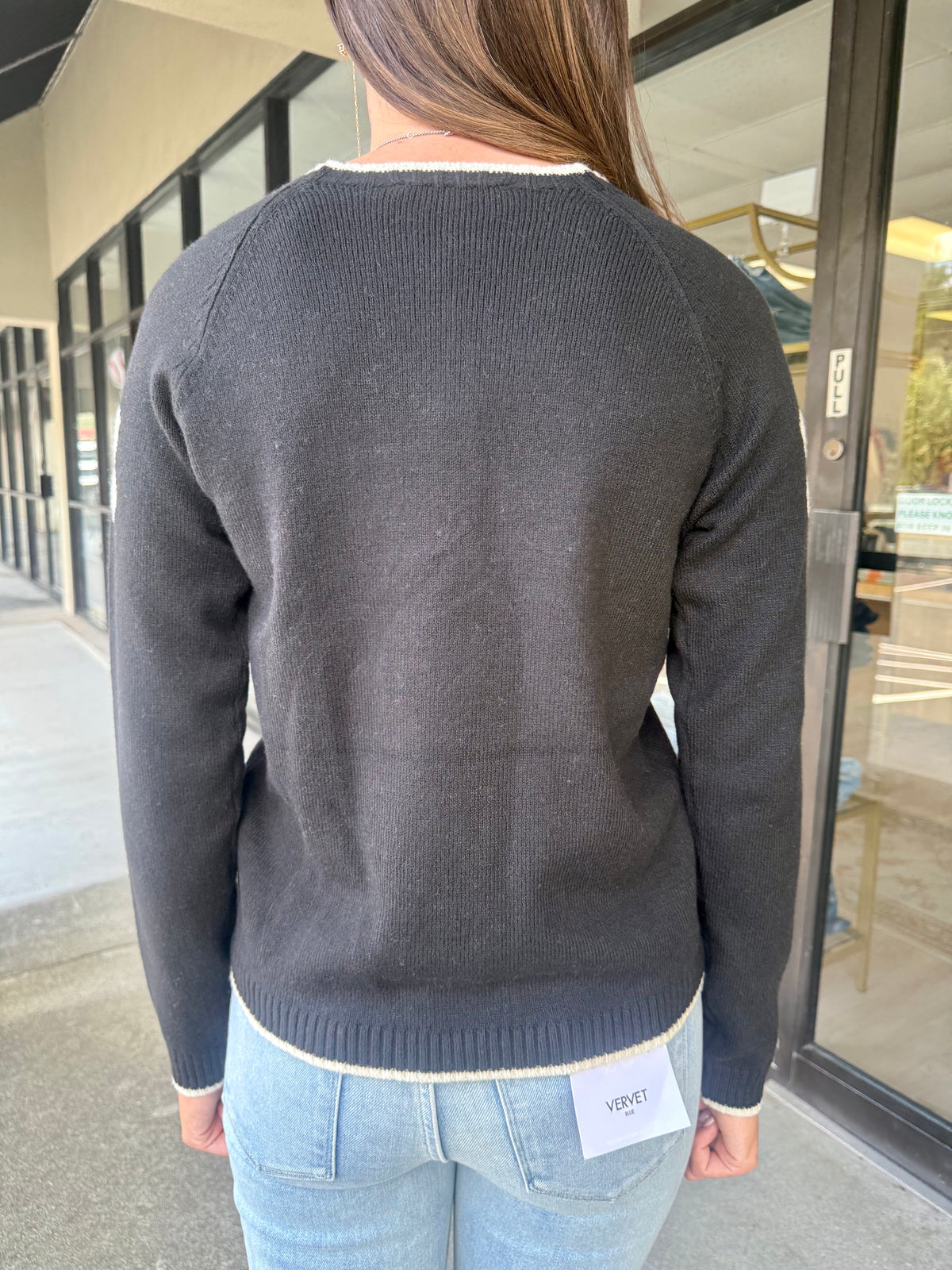 Crew Neck Black sweater w/White Flowers