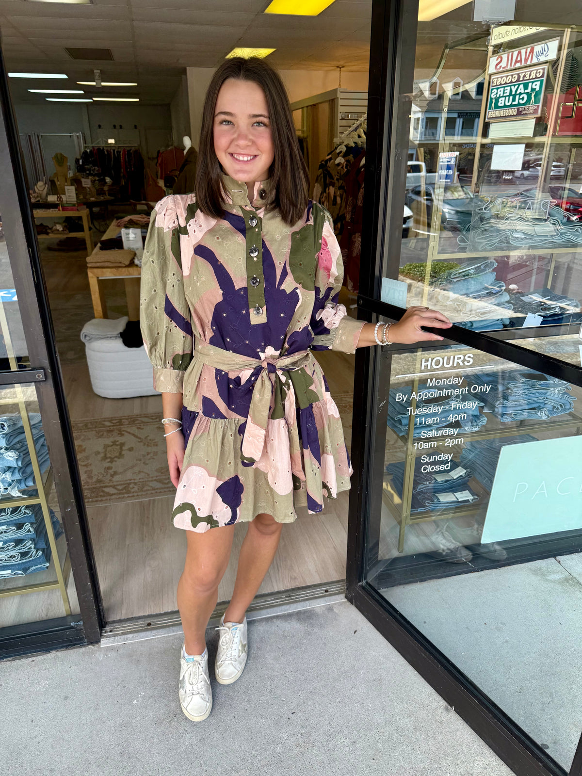 Eyelet Waist Tie Mini Dress - Olive Combo