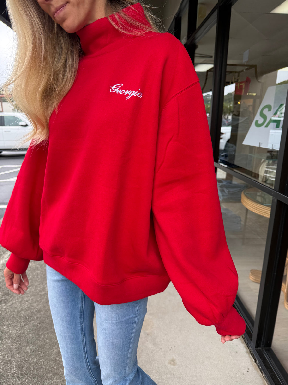 Red Cursive Georgia Mock Neck Sweatshirt