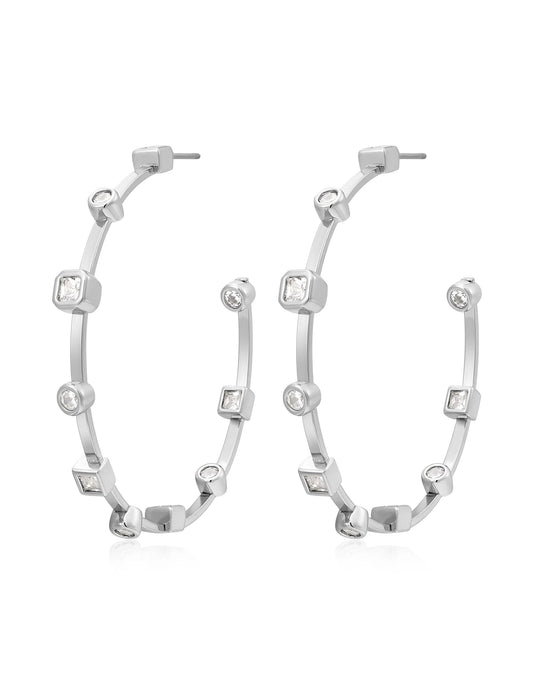 Bezel Stone Hoops - Silver