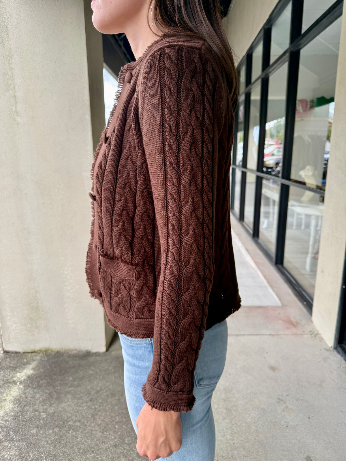 Chocolate Cardigan with Fringe Detail