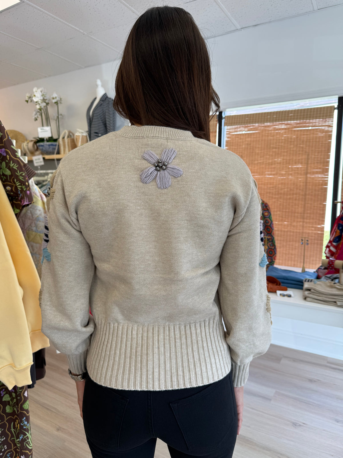 Tan Sweater w/Floral Embroidery