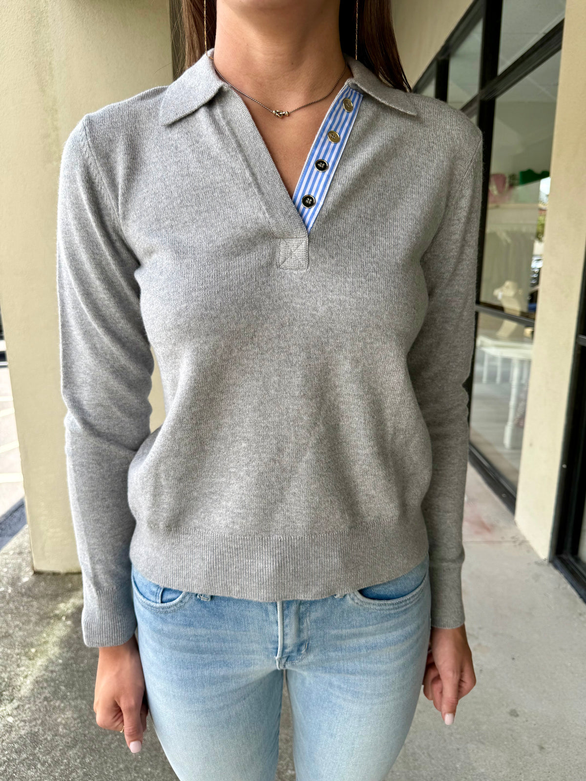 Grey Sweater w/Blue Stripe and Snaps