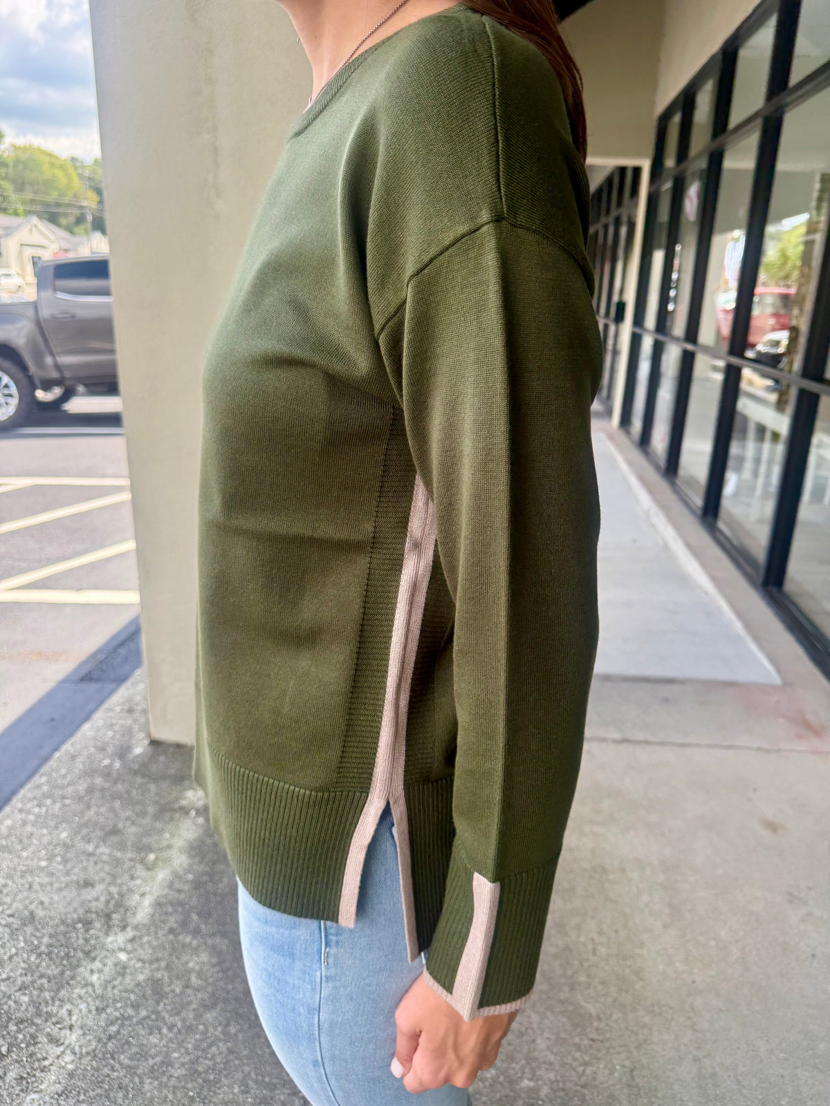 Green Sweater w/Neutral Side Stripe
