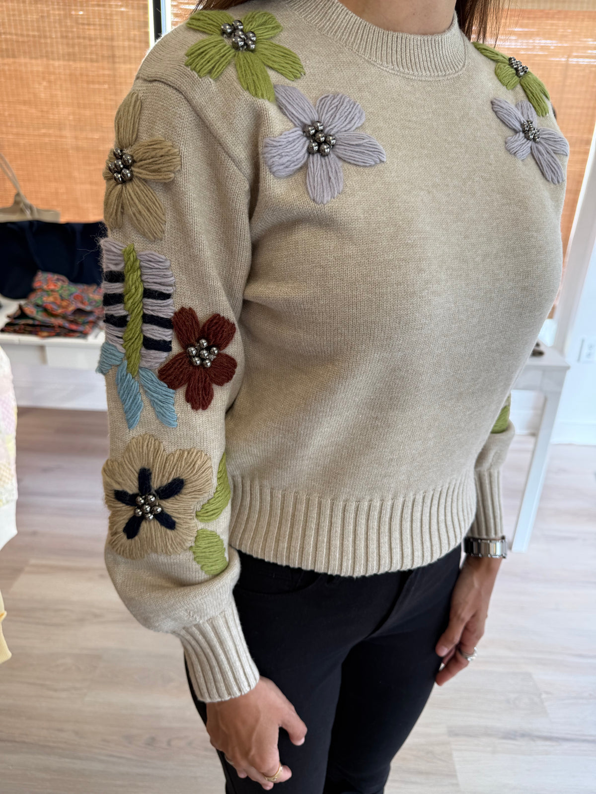 Tan Sweater w/Floral Embroidery