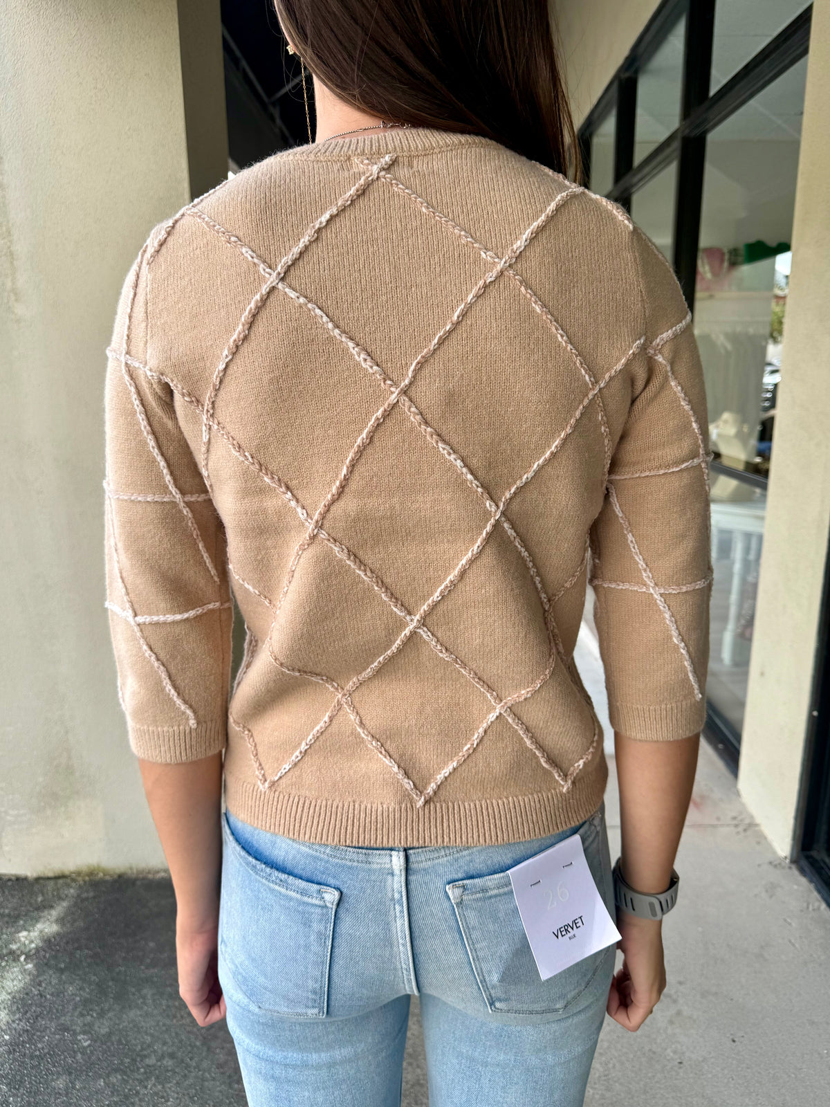 Quarter Sleeve Sweater w/Trellis Stitching