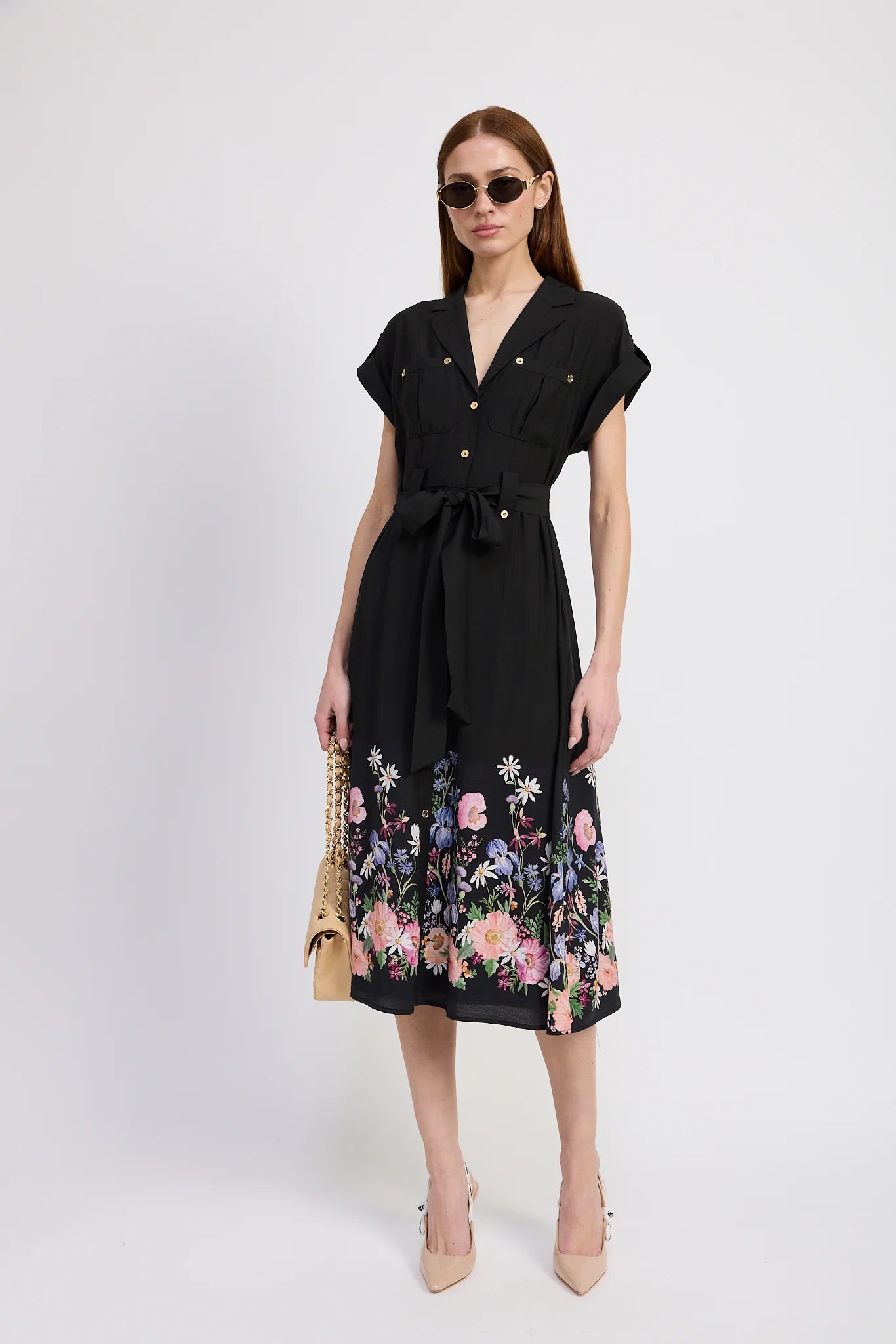 Nannette Midi Shirt Dress - Black Floral