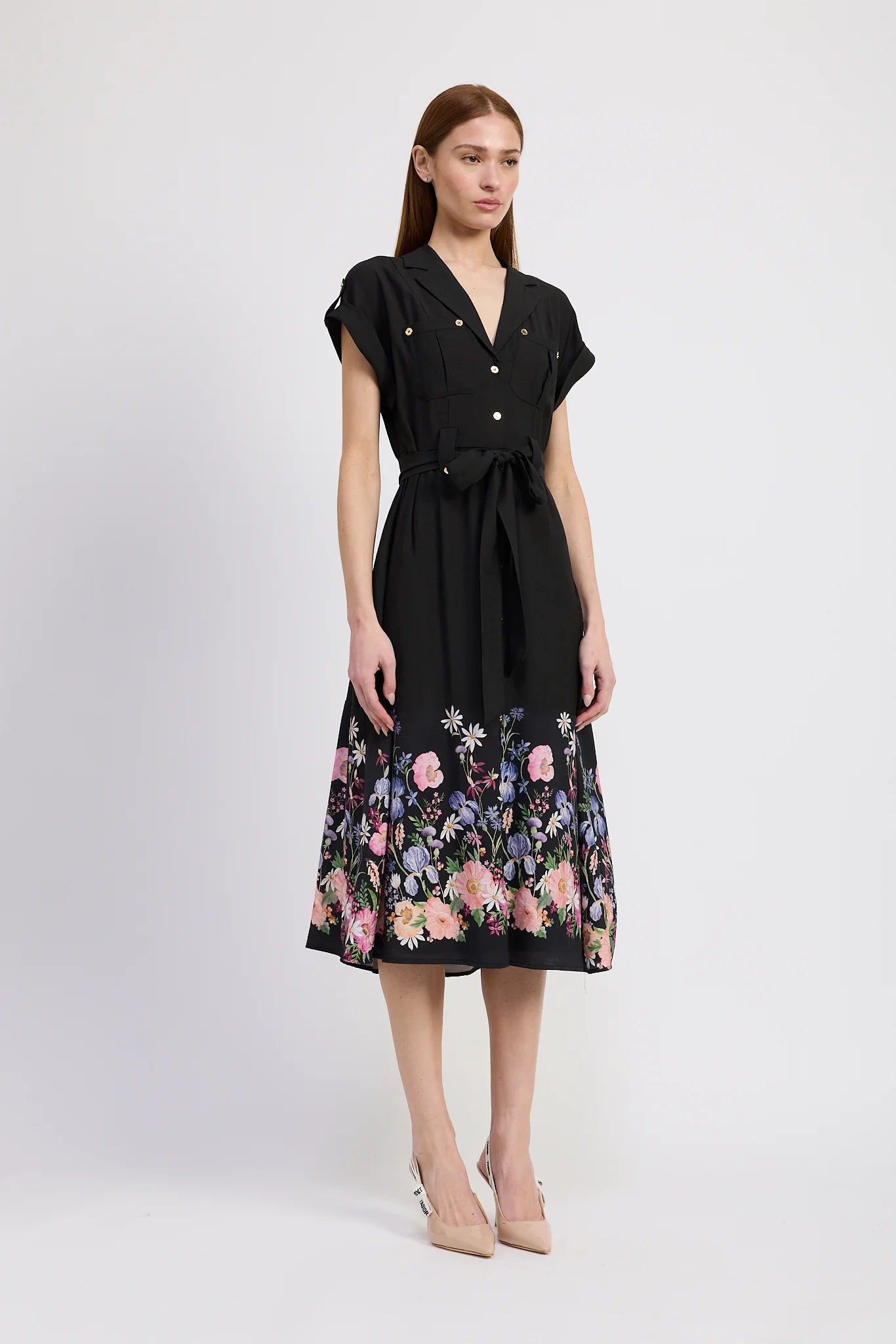 Nannette Midi Shirt Dress - Black Floral
