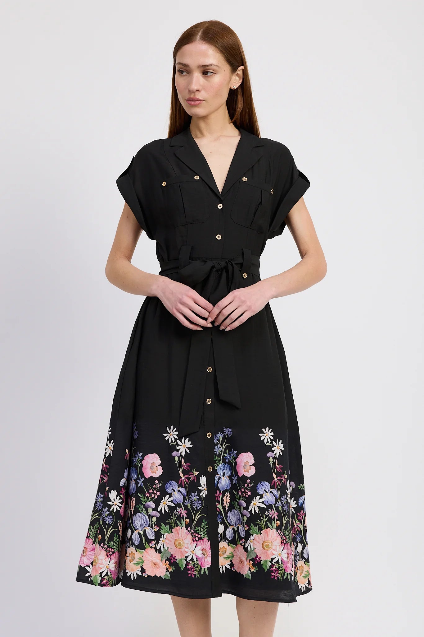 Nannette Midi Shirt Dress - Black Floral