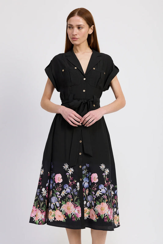 Nannette Midi Shirt Dress - Black Floral