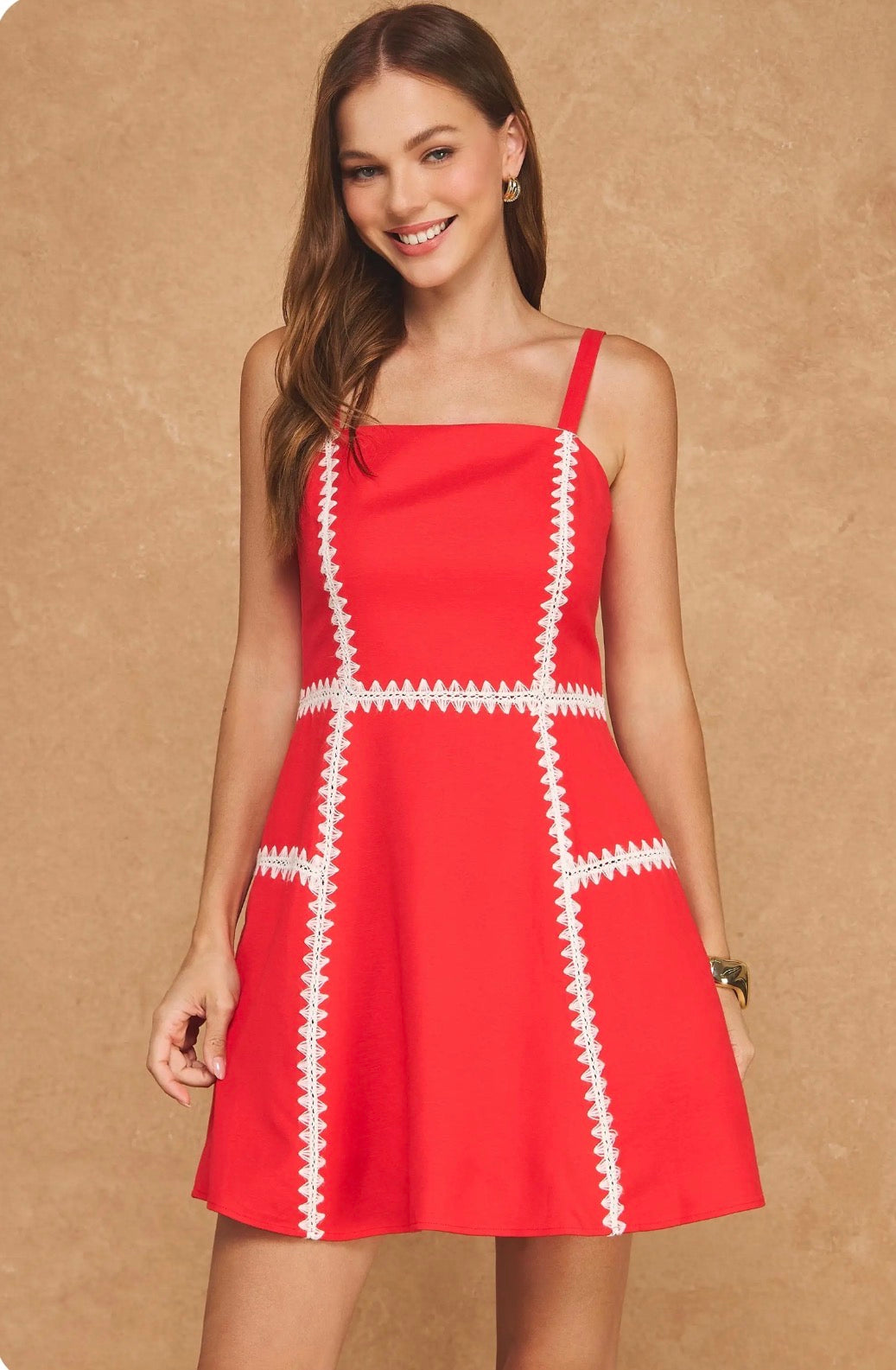 Whipstitch Crochet Embroidery Mini Dress - Red