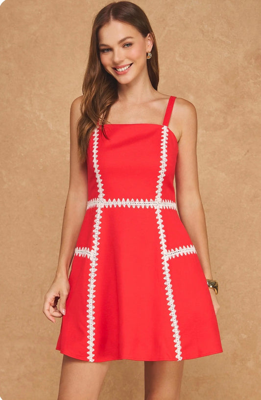 Whipstitch Crochet Embroidery Mini Dress - Red