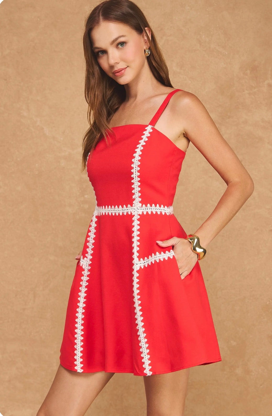 Whipstitch Crochet Embroidery Mini Dress - Red