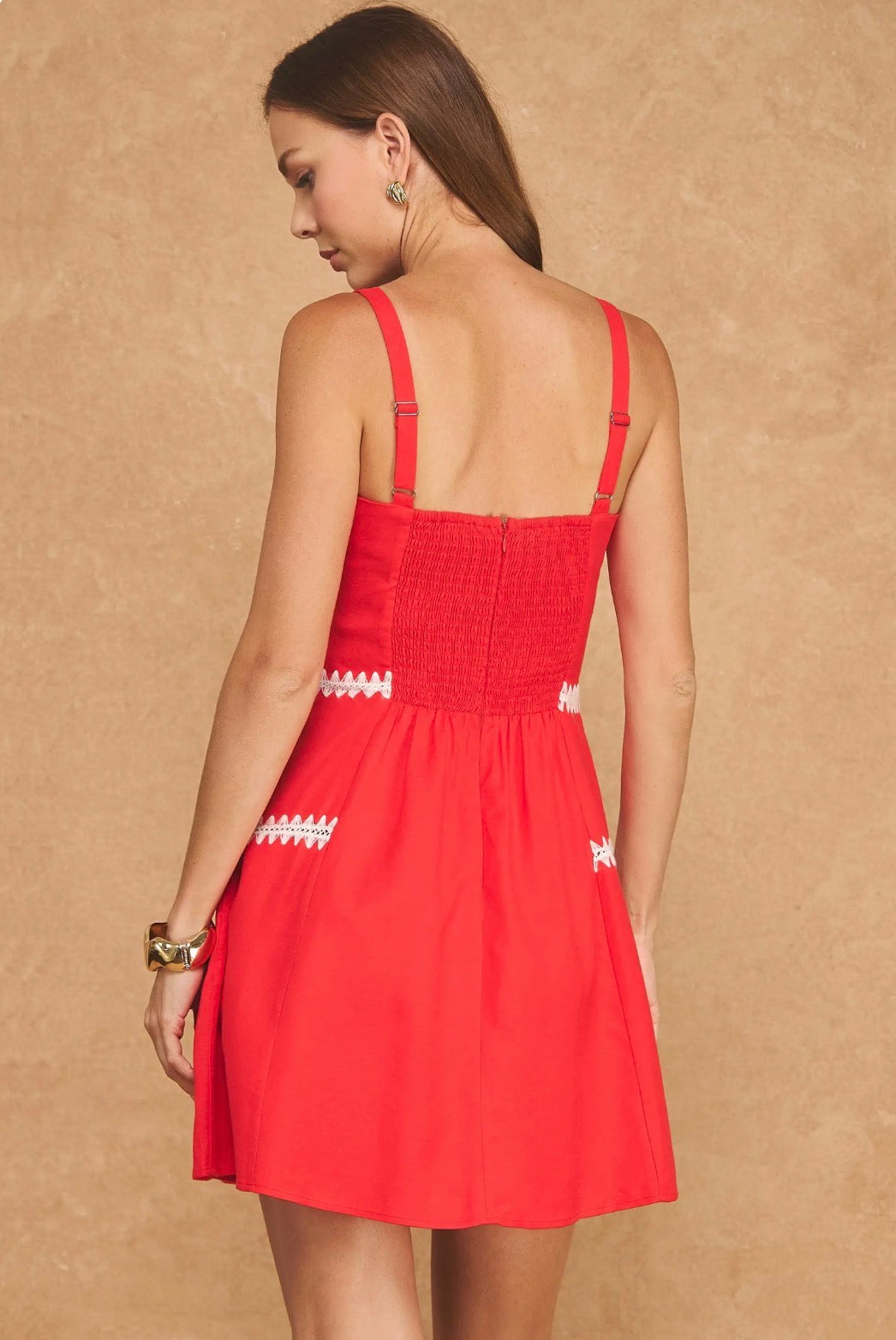 Whipstitch Crochet Embroidery Mini Dress - Red