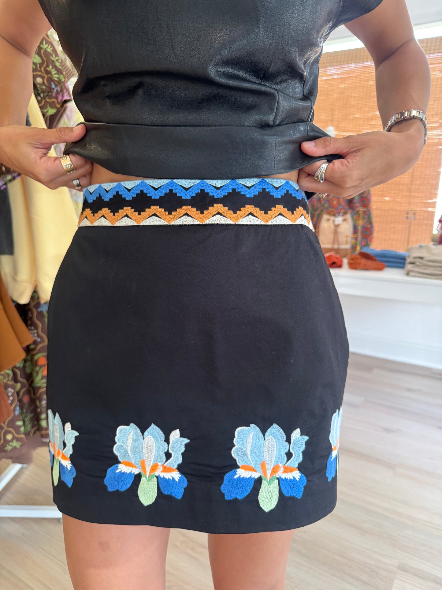 Black Mini Skirt w/Multi color Embroidery