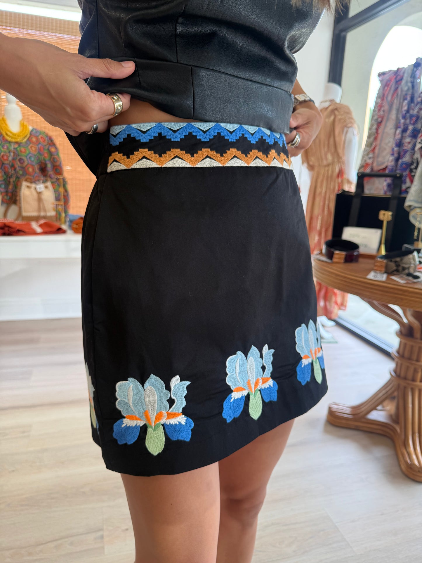 Black Mini Skirt w/Multi color Embroidery