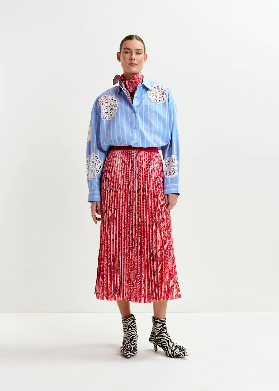 Indira Pleated Midi Skirt - Red Combo