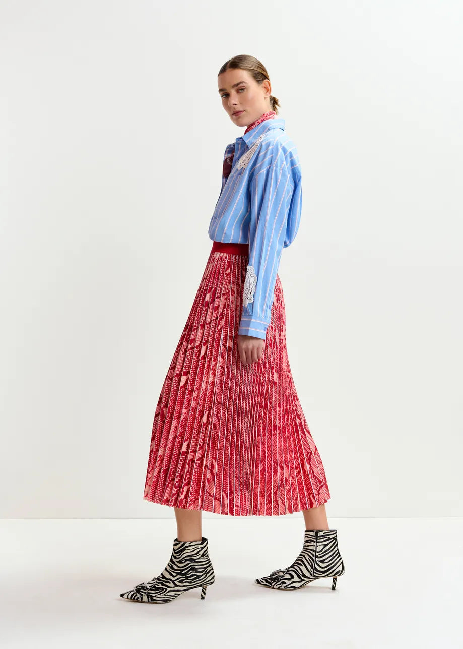 Indira Pleated Midi Skirt - Red Combo