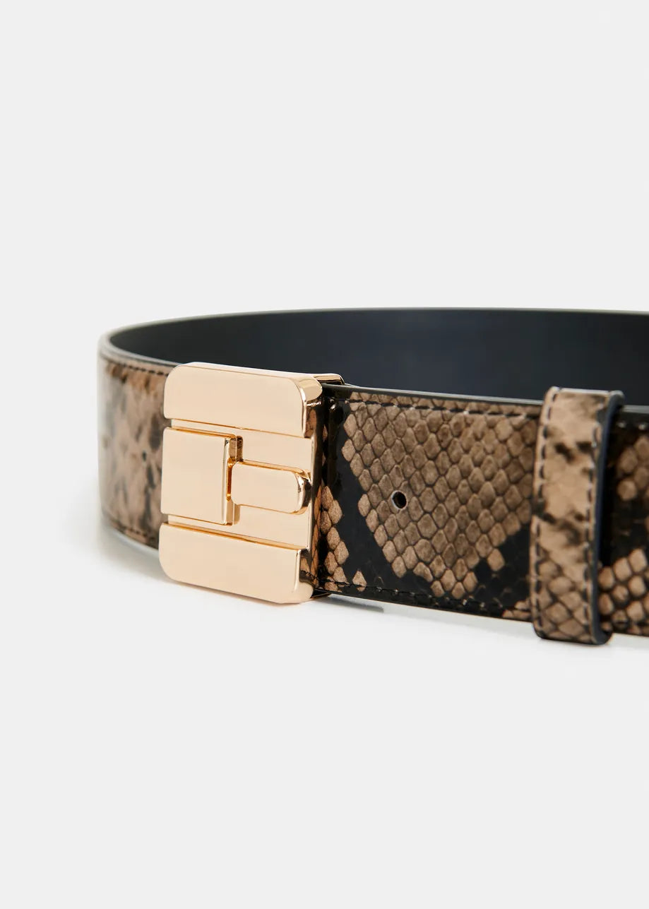 Isnake Print Leather Logo Belt - Sand Beige