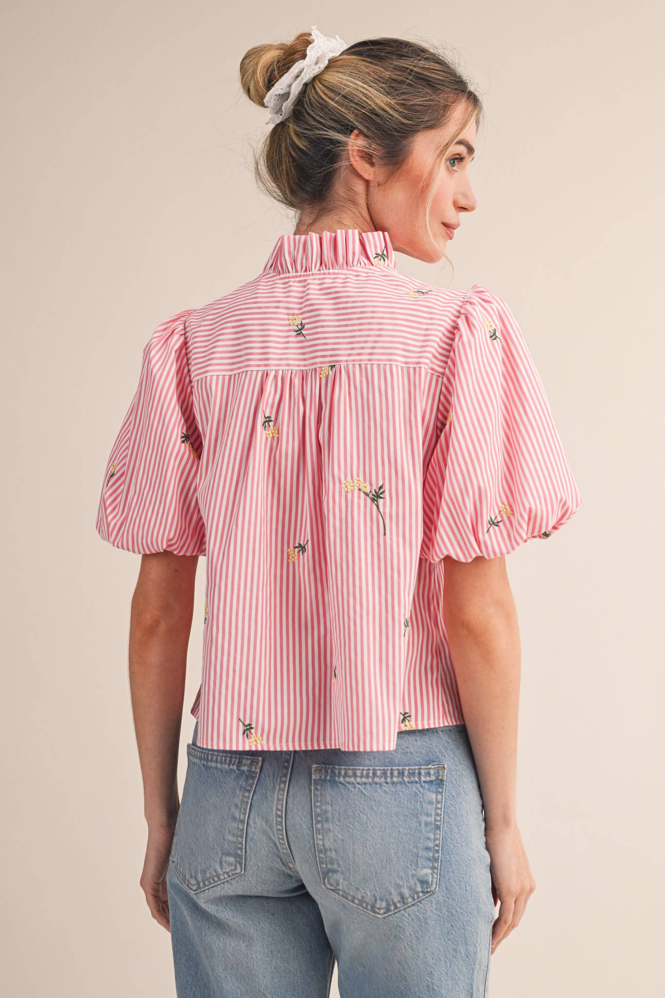 Floral Embroidery Striped Top
