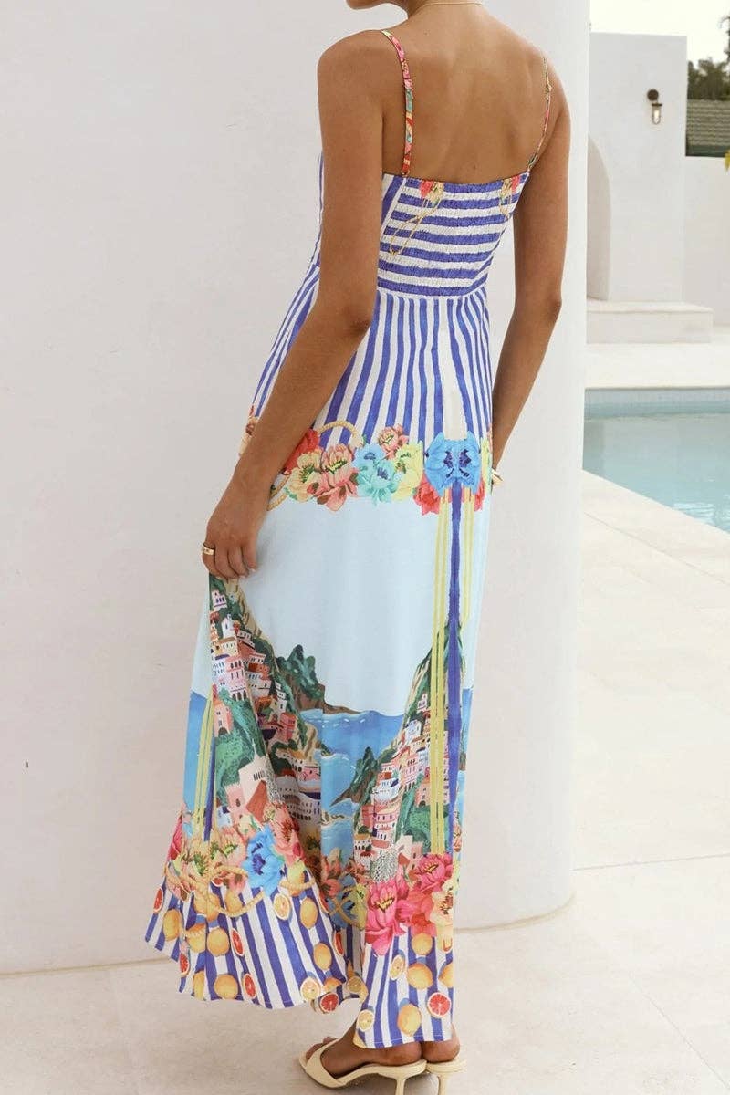 Floral Striped Spaghetti Strap Maxi Dress
