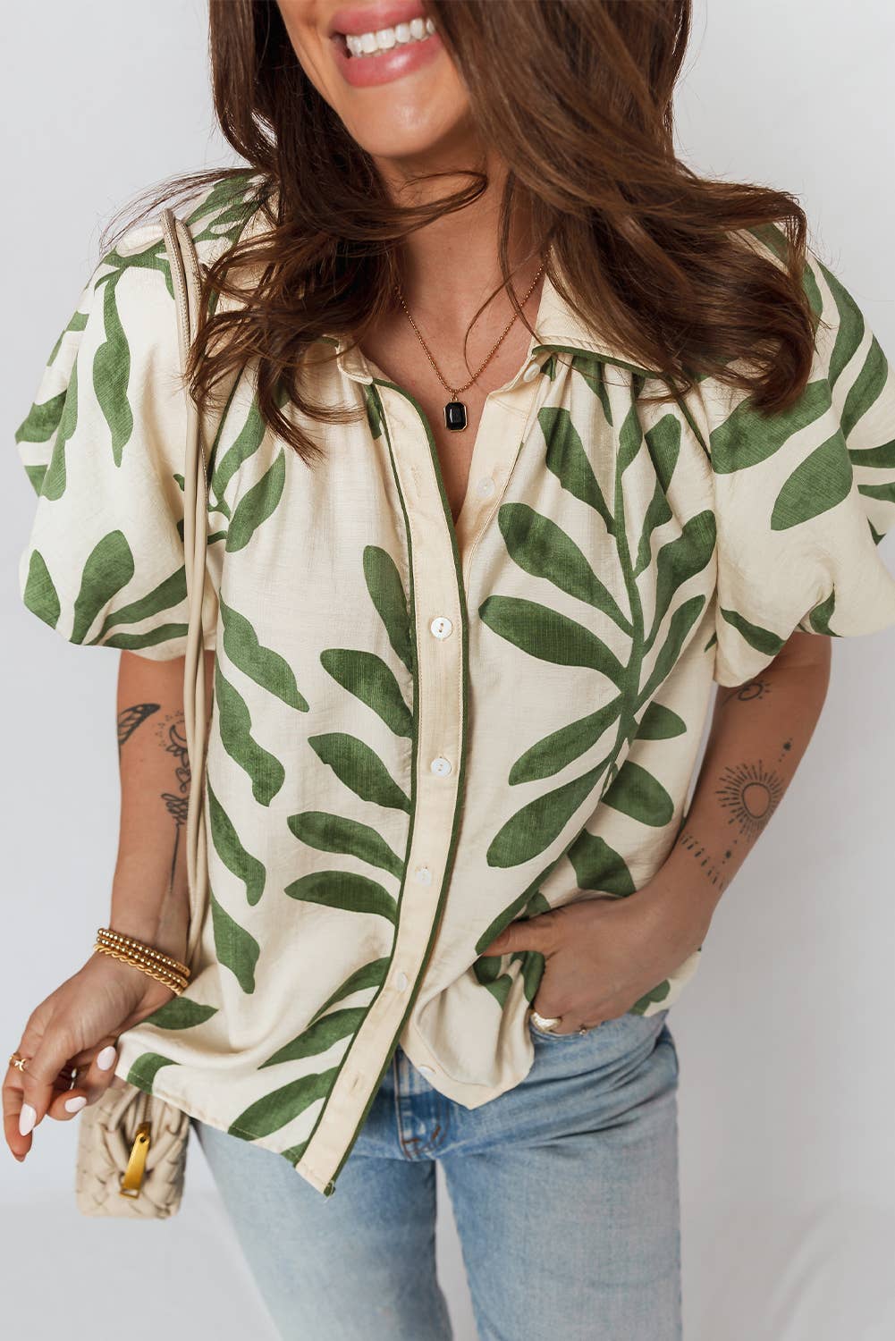 Green Leaf Print Short Sleeve Shirt