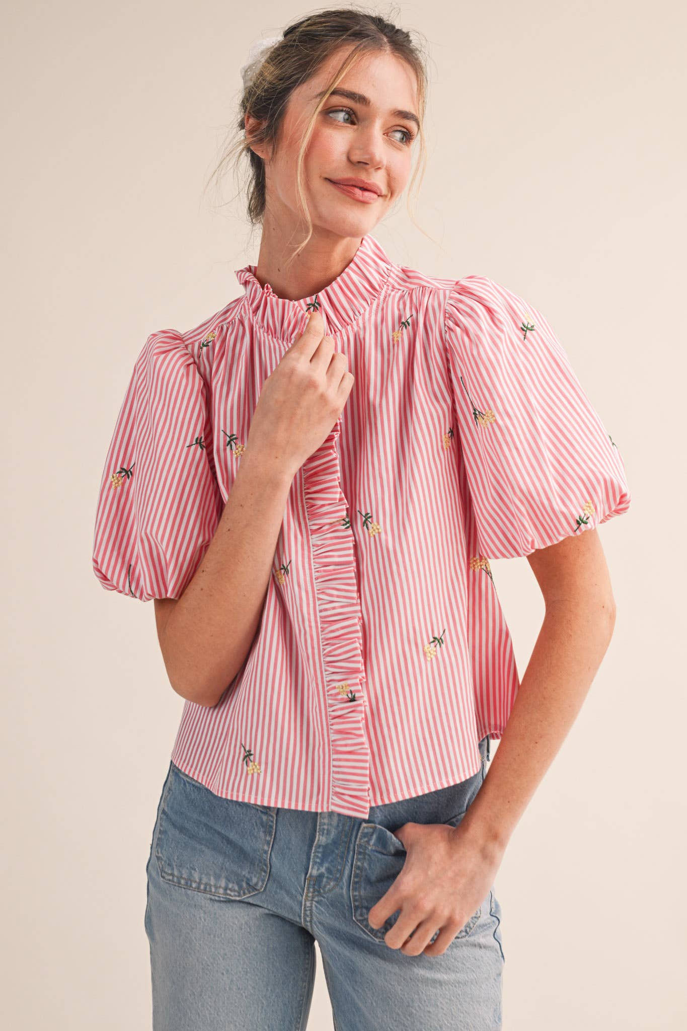 Floral Embroidery Striped Top