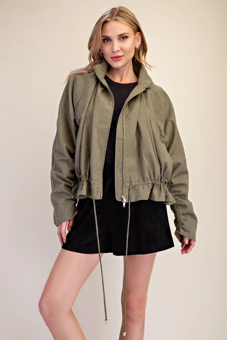 Double Zipper Funnel Neck Jacket - Olive