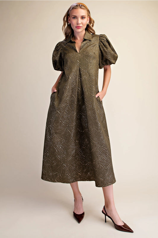 Puff Sleeve Pleated Lurex Midi Dress - Olive