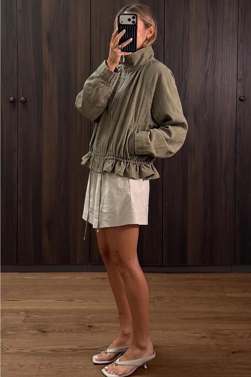 Double Zipper Funnel Neck Jacket - Olive