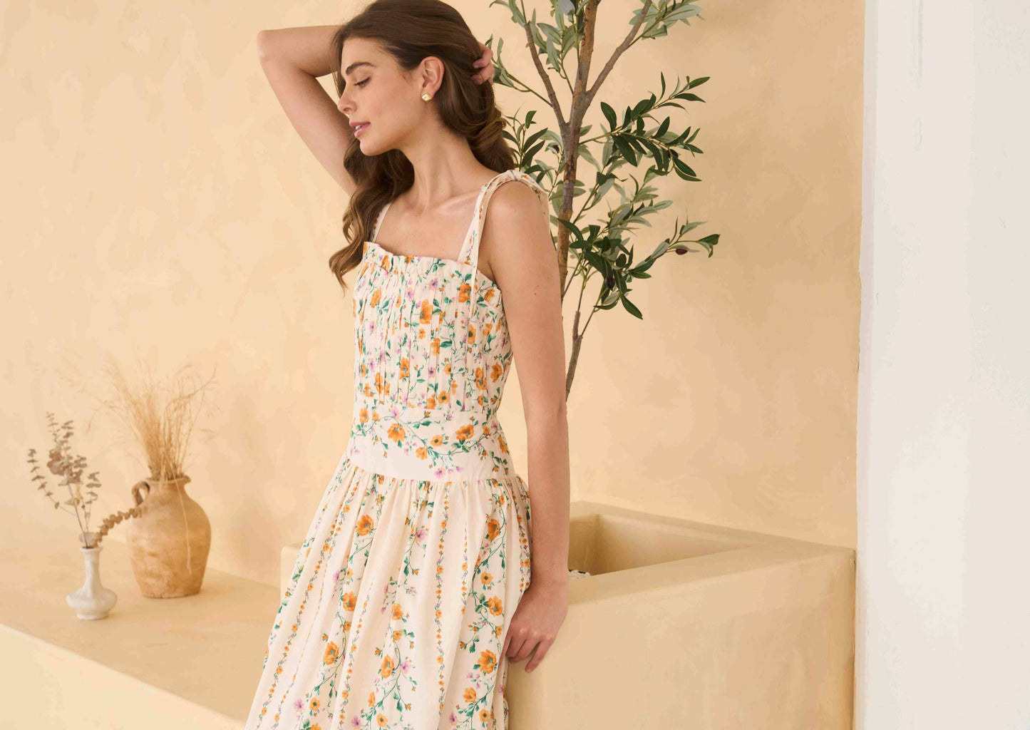 Floral Garland Tie Strap Pleated Midi Dress