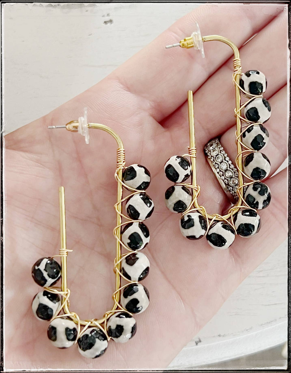 Wire Wrapped Open Hoop Glass Bead Dangle Earring Black Agate