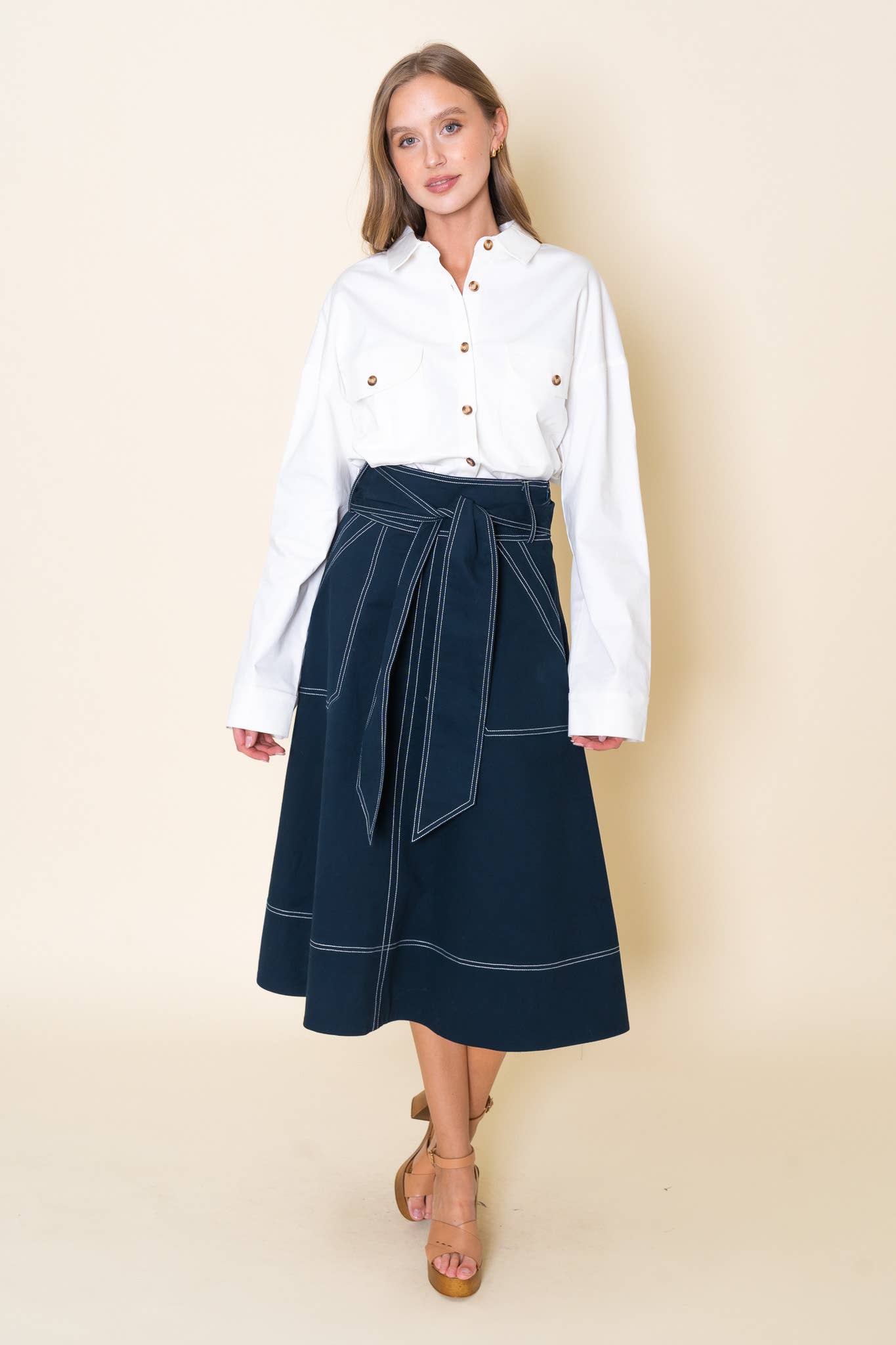 Navy Midi Skirt w/White Stitch Skirt