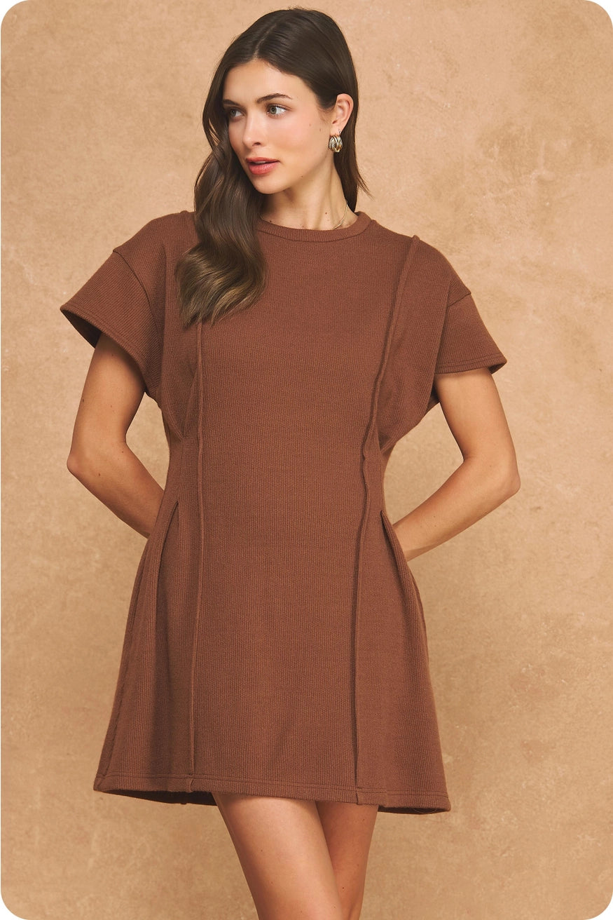 Ribbed Knit Pintuck Mini Dress - Chocolate