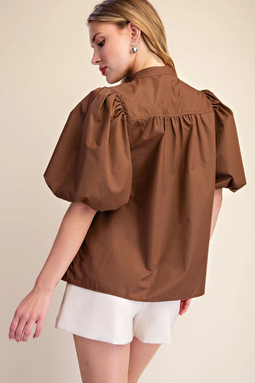 V-Neck Brown Bubble Sleeve Top