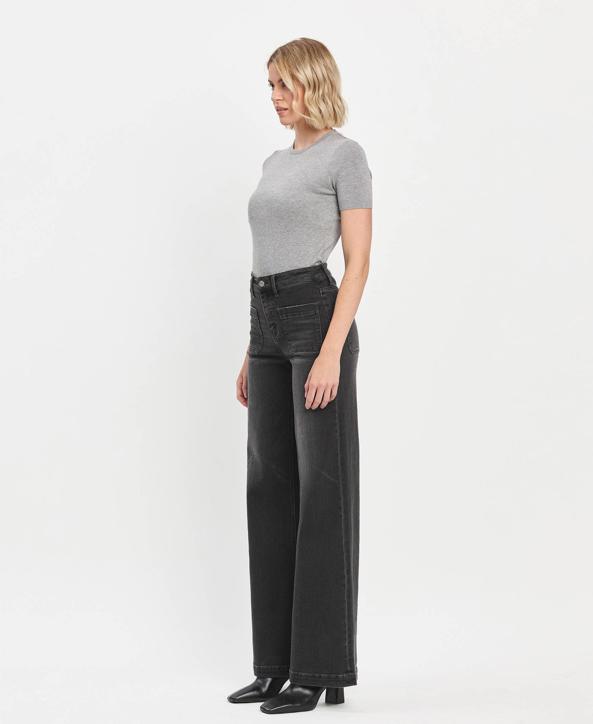 High Rise Patch Pocket Black Wide Trouser Jeans