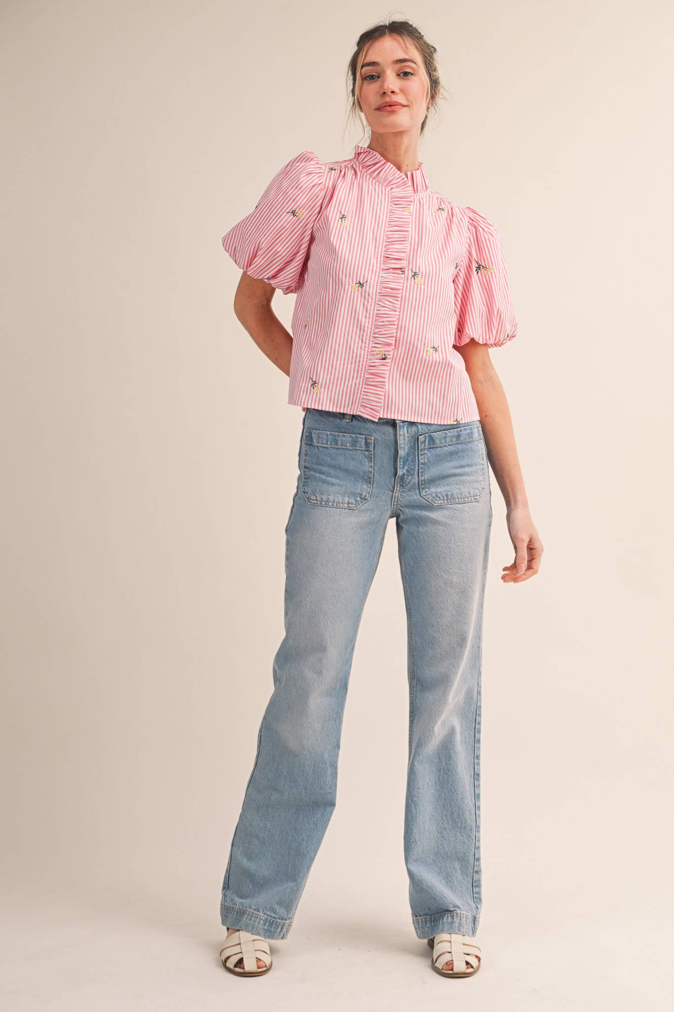 Floral Embroidery Striped Top