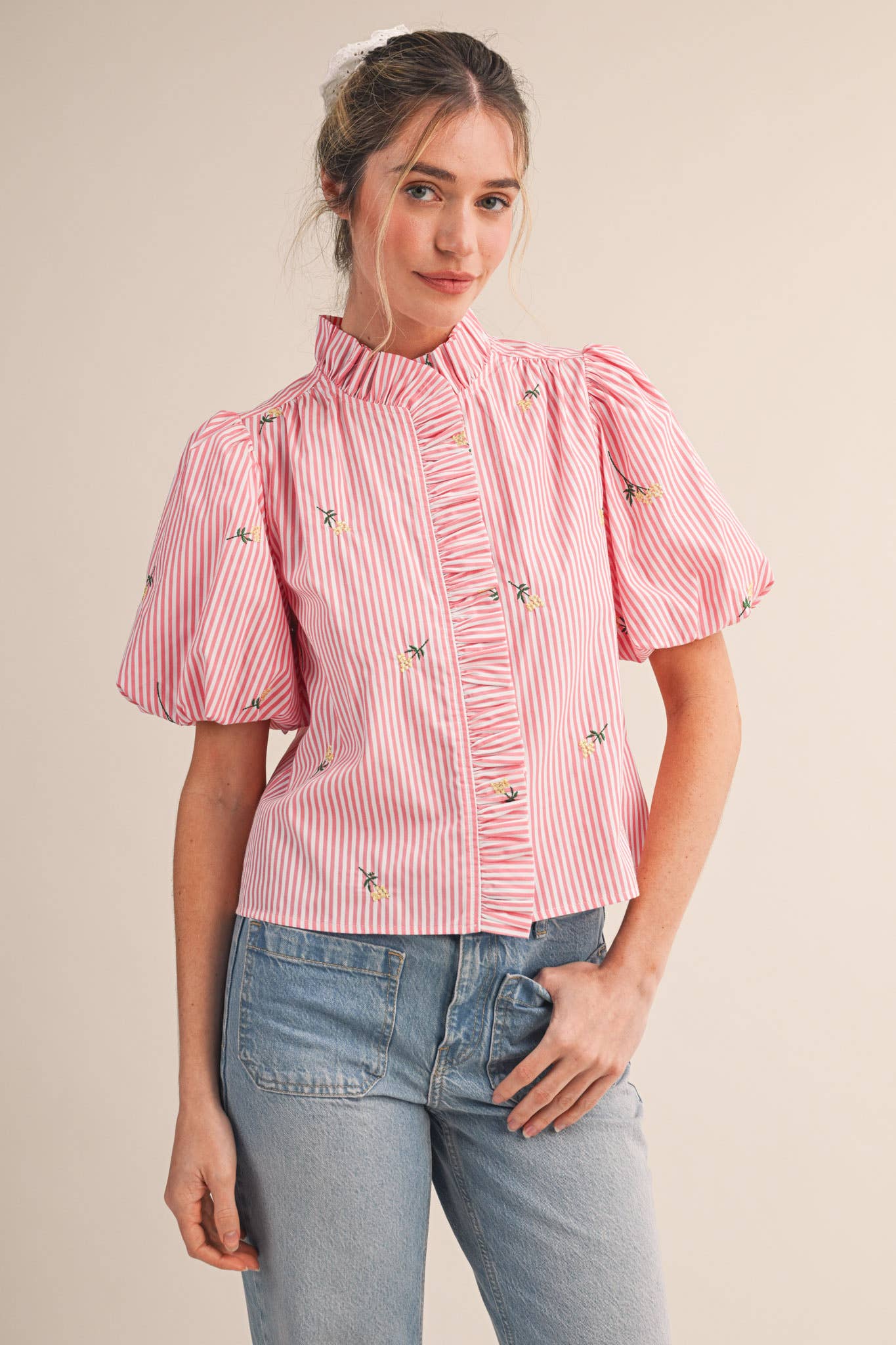 Floral Embroidery Striped Top